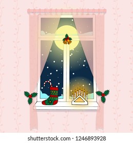 cozy pink room window with pink curtains, full moon and dark blue sky behind the glass, snowing outside, stocking, candelabrum and jingle bell decoration