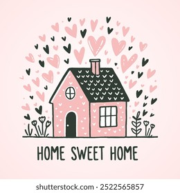 Acogedora casita rosa rodeada de corazones flotantes con texto "Hogar Dulce Hogar". Pequeña casa linda de la historieta en estilo dibujado a mano minimalista para la decoración, tarjeta de felicitación, postal. Ilustración vectorial