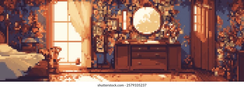 A cozy pixel art bedroom scene featuring a bed, a wooden dresser with a round mirror, and warm lighting. The room is adorned with lush green vines and flowers, creating a serene atmosphere.