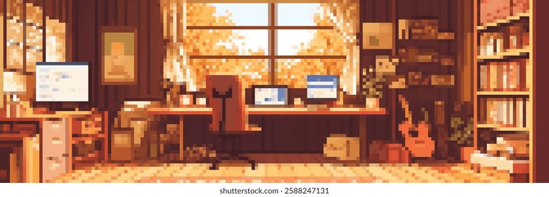 A cozy, pixel art home office scene featuring a wooden desk with two computer monitors, a comfortable chair, and a guitar. The room is warmly lit by sunlight streaming through large windows