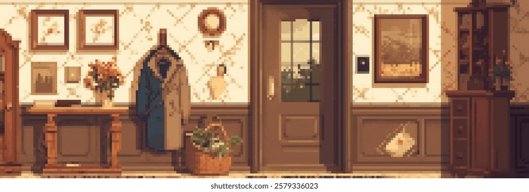 A cozy, pixel art interior scene featuring a hallway with a door, coat rack, and decorative elements like flowers and framed pictures. The warm color palette adds to the inviting atmosphere.