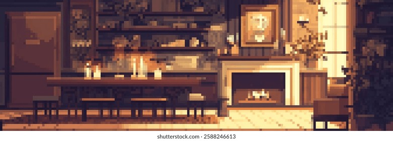 A cozy pixel art interior scene featuring a dining table with chairs, a fireplace, shelves filled with books, and warm lighting. The atmosphere is inviting and homey, with plants and decorative items.