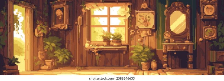 A cozy, pixel art interior scene featuring wooden walls adorned with framed pictures and mirrors. Sunlight streams through a window, illuminating potted plants and a vintage dresser.