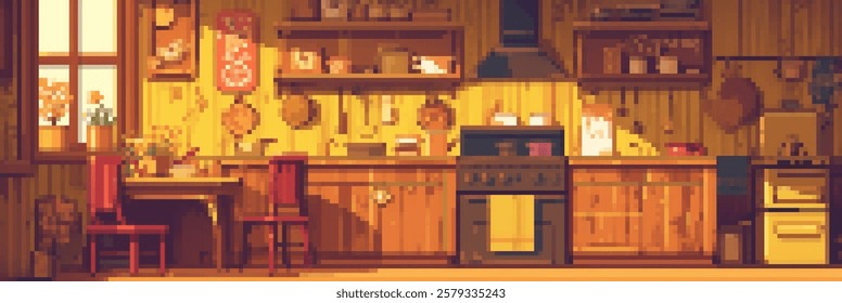 A cozy, pixel art kitchen featuring wooden walls and shelves filled with various kitchenware. A table with two red chairs, a stove, and warm lighting create a welcoming atmosphere.