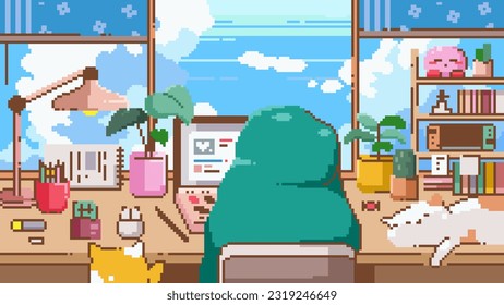 Cozy Pixel Art LoFi Banner. 8bit Girl in Blanket with Laptop, Geek and Gamer Elements in a Comfy Room with Cats and Starry Sky View. Perfect for Social Media Decor, Banner, Poster or Gaming Design. 