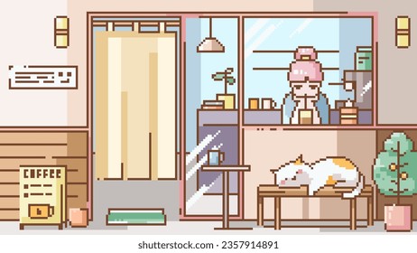 Agradable Banner De Arte Pixel LoFi. Escena de café de 8 bits con una chica con café y gato en un cómodo interior de café. Perfecto para la decoración de medios sociales, pancarta, afiche o diseño de juegos.	