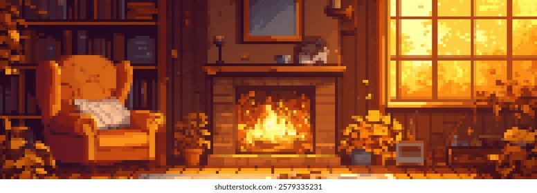 A cozy pixel art scene depicting a warm living room with a fireplace. An orange armchair sits beside a window with sunlight streaming in, illuminating the room filled with plants and books.