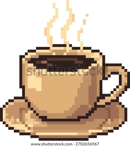 A cozy pixel-art illustration of a steaming coffee cup on a saucer. The warm tones and retro 8-bit style create a nostalgic, comforting atmosphere reminiscent of classic video games and cozy cafés.