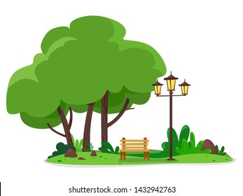 A cozy place in the city park with a bench and a street lamp. Vector illustration of a flat style.