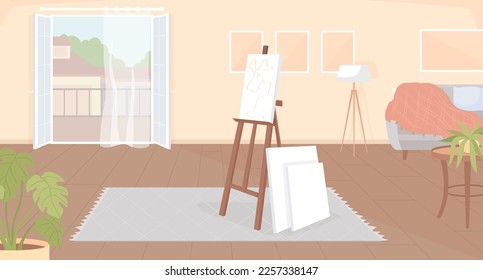 Cozy place at home for painting on easel flat color vector illustration. Art supplies for drawing. Leisure activity. Fully editable 2D simple cartoon interior with balcony in living room on background