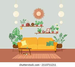 Cozy place in the house. The interior of the living room, winter garden, greenhouse. Set of vector furniture and flowers. In the style of a flat plane.