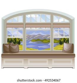 A cozy place for leisure activities or reading books by the windowsill with a view of the mountains and the lake. Ideas of interior design window. Vector illustration.