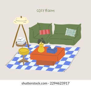 
A cozy place to read, relax or reflect inside the living room. Vector furniture and plants flat style graphic design template.