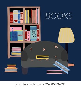 Acogedor lugar para leer libros. Hay estantería, libros de colores, sofá gris y lámpara. Dibujado a mano Vector de arte en el fondo oscuro. Librería de diseño, Biblioteca, segunda mano, mercado de pulgas, historia de reutilización