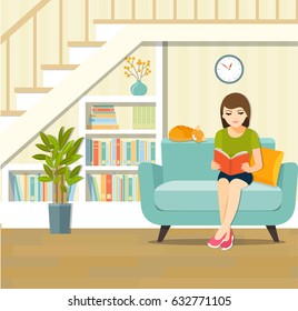 Cozy place to relax under the stairs. Girl relaxing on chair reading book at home.Vector flat  illustration