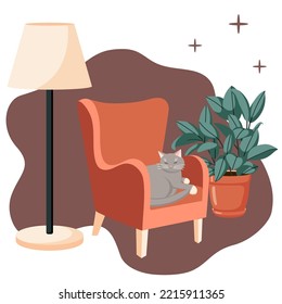 Cozy place to rest, hygge living room interior set, grey cat on the armchair