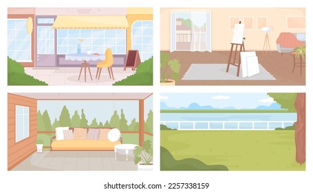 Cozy places to hang out flat color vector illustrations pack. Relaxing spots. Fully editable 2D simple cartoon interior, landscape, cityscape with living room, cafe exterior and park on background