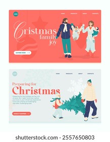 A cozy and playful landing page design template featuring minimalist flat illustrations of winter family moments two scenes a woman playing with a child in the snow and a man pulling a child on a sled