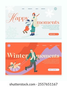 A cozy and playful landing page design template featuring minimalist flat illustrations of winter family moments two scenes a woman playing with a child in the snow and a man pulling a child on a sled