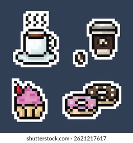 A cozy and playful pixel art icon collection featuring hot coffee, takeaway cups, cupcakes, donuts, and coffee beans perfect for café themed digital projects, sticker packs, or retro style UI elements