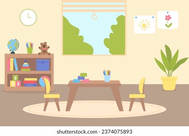 A cozy playroom with cute children's pictures on the wall, furniture and toys. Kid room interior. Preschool. Vector illustration
