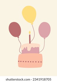 gemütliche Postkarte mit Ballons und Kuchen