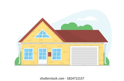Cozy private house. Facade with big windows, garage door, brown roof. Village style. Building exterior. Home architecture. Green bushes and tree. Real estate concept.