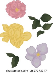 A cozy Procreate floral set with pink, yellow, and purple flowers plus green leaves. Soft, hand-drawn style.