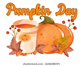 cozy Pumpkin Day designs featuring pumpkins, warm drinks, autumn leaves, and decorative lettering. Perfect for seasonal content, invitations, posters, and festive graphic products.