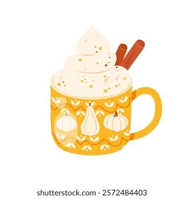 Cozy pumpkin spice latte mug with whipped cream and cinnamon sticks isolated on white background. Hand drawn vector illustration in flat cartoon style. Fall or autumn seasonal beverage concept