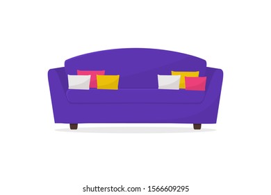 Cozy purple sofa. Comfortable couch with pillows. Furniture for living room. Home interior element. Flat vector design.