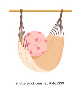 Cozy rag hammock with decorative round pillow hanging on wooden stick. Pink cute cushion with heart pattern and fabric hammock bed for sleeping and swinging, daytime sleep cartoon vector illustration