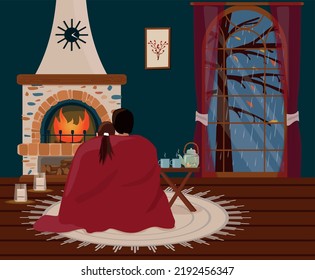 Cozy rainy autumn evening at home. People are sitting by the fireplace, wrapped in a blanket. Vector illustration.