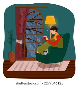 Cozy rainy evening at home. A girl is reading a book by the window, wrapped in a blanket. Vector illustration.