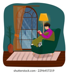 Cozy rainy evening at home. A girl is reading a book by the window, wrapped in a blanket. Vector illustration.