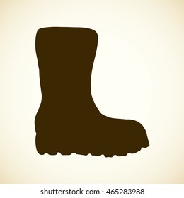 Cozy rainy wellie on white backdrop. Black ink hand drawn symbol sketchy in retro engraving style pen on paper. Side closeup view with space for text