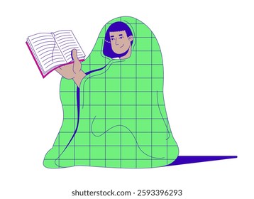 Cozy reader wrapped in blanket with book 2D cartoon character. Quiet lifestyle. Literary escape. Latin american man bookworm isolated person flat vector on white background. Spot illustration colorful