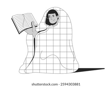 Cozy reader wrapped in blanket with book black and white 2D line character. Quiet lifestyle. Literary escape. Latinamerican man bookworm isolated vector outline person. Monochromatic spot illustration