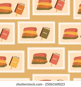 Cozy reading checked seamless pattern. Bento box stack of warm clothes and book repeat background. Cold season retro stamps endless design. Good enough concept. Vector hand drawn illustration.