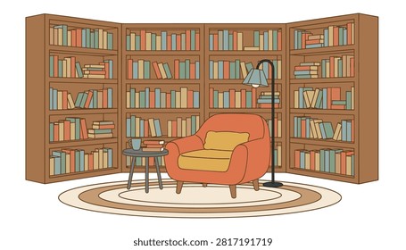 Cozy reading corner featuring a plush orange armchair and round side table placed in front of large wooden bookshelves filled with books.