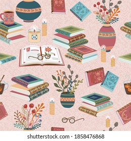 Cozy reading decorative seamless pattern