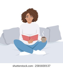 Cozy Reading Moment. Woman sits comfortably on a bed, enjoying a book and a warm cup of coffee. Flat vector Character Illustration