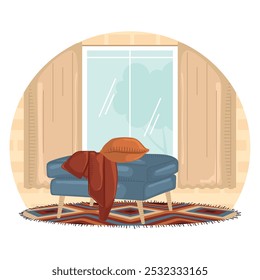 Rincón de lectura acogedor con sillón y vista a la ventana, Vector