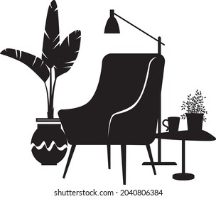 Cozy reading nook consisting of a chair and a coffee table next to a potted plant and lamp, EPS 8 vector illustration, single silhouette, no real product depicted