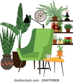 Cozy Reading Nook Consisting Of A Comfortable Green Chair And A Coffee Table Next To A Book Shelves, Surrounded By Potted Plants, EPS 8 Vector Illustration, No Real Product Depicted