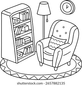 Um recanto de leitura acolhedor com uma poltrona de pelúcia e uma estante de livros integrada, perfeito para o relaxamento e atividades criativas.