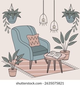 Cozy reading nook illustration with a blue armchair, pink pillow, small round table with an open book, hanging plants, potted greenery, and pendant lights. Perfect for home and relaxation themes.