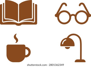 Cozy reading nook with an open book, glasses, steaming coffee cup, and a lamp
