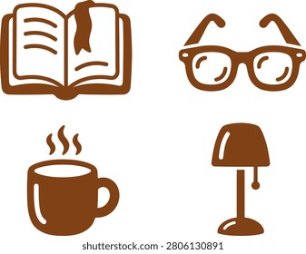 Cozy reading nook with an open book, steaming coffee cup, glasses, and a lamp