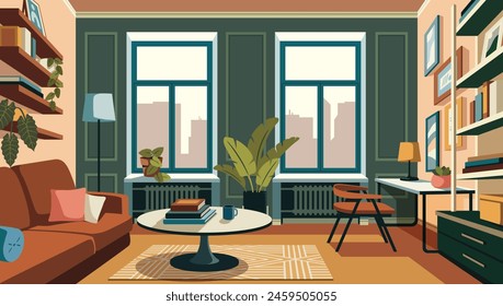 Acogedor libro de lectura con sofá, estanterías, plantas. Acogedor apartamento amueblado con sofá, estantes y sillas. Moderno diseño de interiores del hogar contemporáneo. Ilustración vectorial plana con vista a la ventana urbana